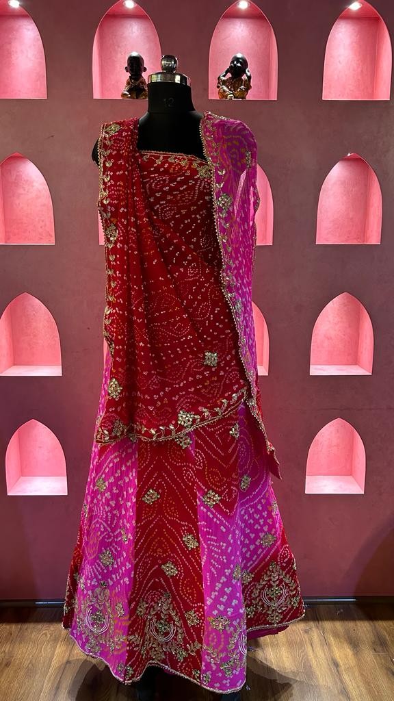Bandhej Lehenga-Chunni Set With Kardhana work