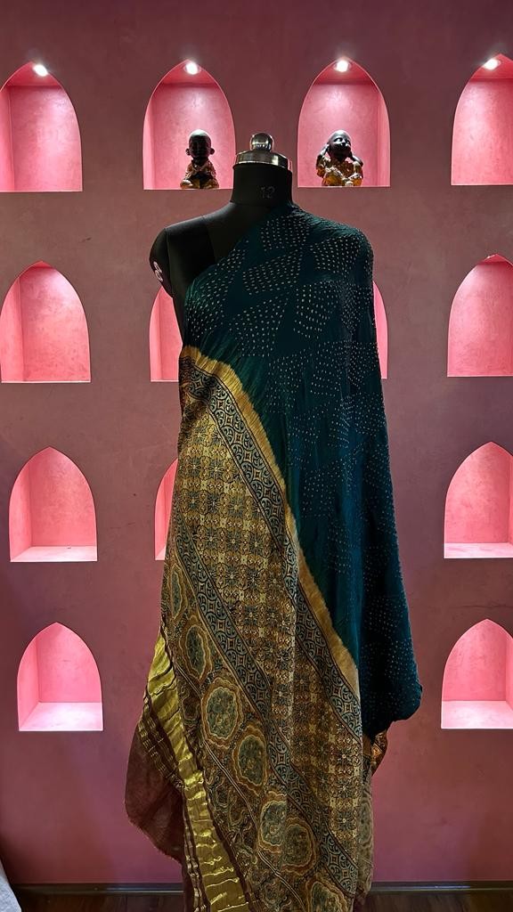 Ajrakh Bandhani Dupatta With Zari